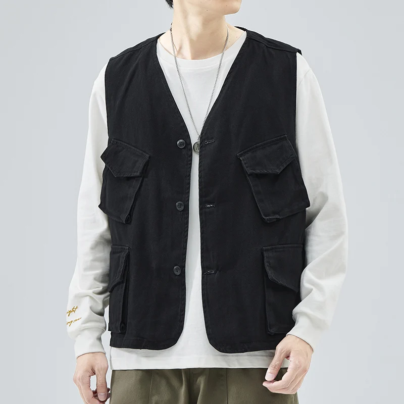 

Мужская японская уличная одежда, модный свободный повседневный жилет-карго из чистого хлопка с несколькими карманами, уличный жилет Cityboy, пальто