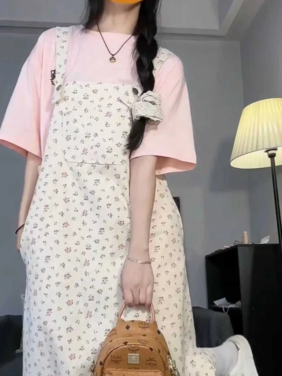 Zomer 2023 Bloemenprint Losse Taille Bib Dr Vrouwen College Sle Lange Midi Rok Afslanken Effect Jong Uitziende Kleine Maat