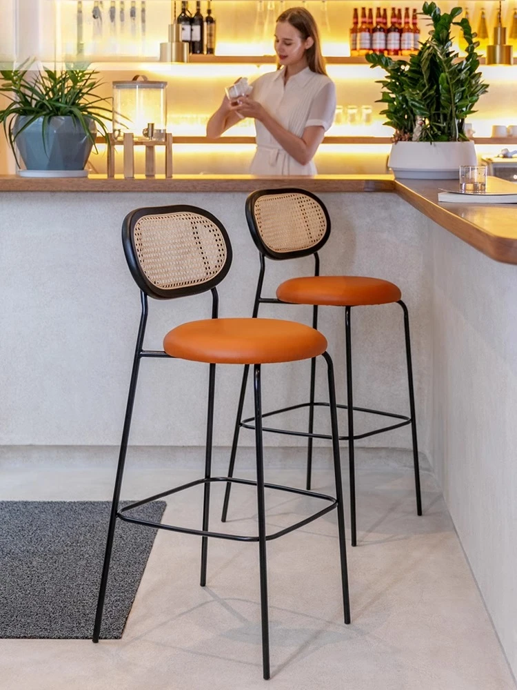 

Designer Scandinavian wabi wind bar chair home rattan minimalist modern simple backrest bar high stool