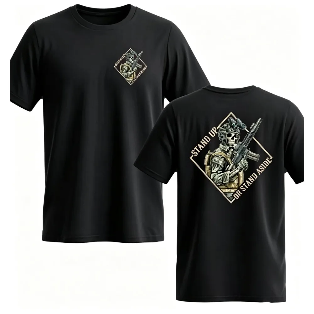 2026 New Stand Up or Stand Aside Military Tactical Warrior Skeleton T-shirt Gym Graphic Short Sleeve Tops Men S-4XL