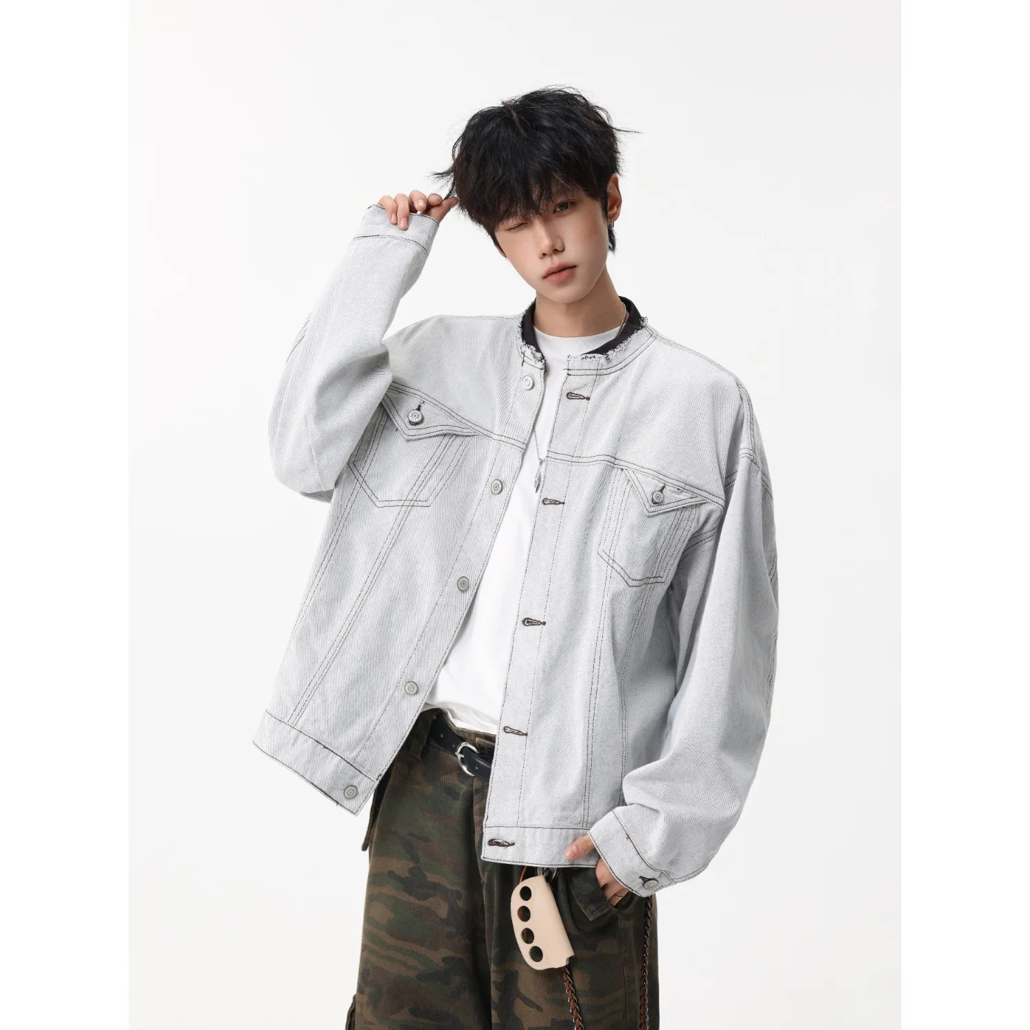 

American Retro Men's Denim Jaet Loose Fit Stand Collar Workwear Carved Casual Open Cardigan Outerwear