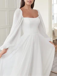 Customize A-Line Square Collar Long Sleeve Court Train Backless Chiffon Floor-Length Woman Wedding Dress Bridal Engagement Gowns