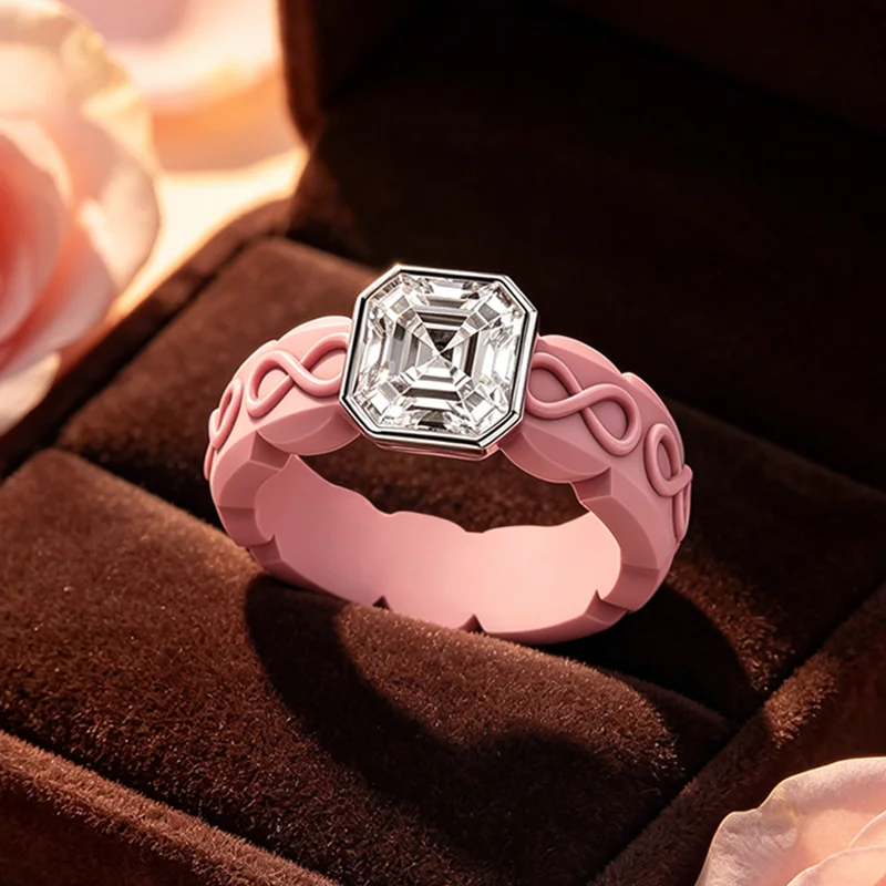 Ladies' Pink Infinity Symbol Patterned Silicone Ring, Hexagon-Cut CZ-Set Ring, Fashionable and Unique Jewelry Gift