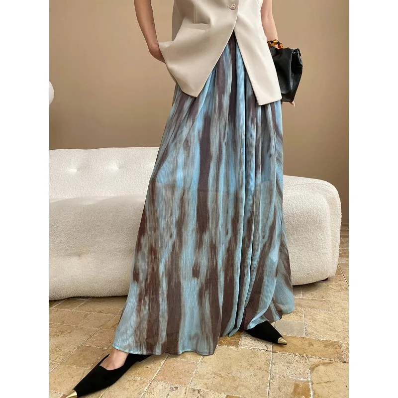 Women Brown Cut Out Shoulder Knit Top Blue Brown Tie Dye Pleated Maxi Skirt Two Piece Set Casual Elegant Style Outfit 4HEQ