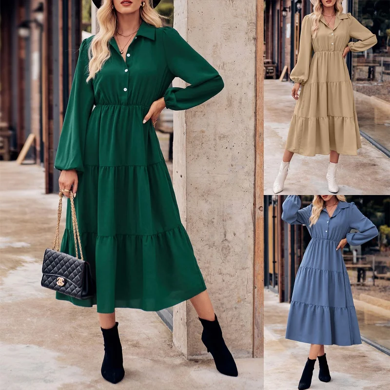 

SHAN-Fashionable New Women's Clothing Autumn and Winter Style Solid Color Casual Shirt Collar Waist-Controlled Long Sleeves Dres