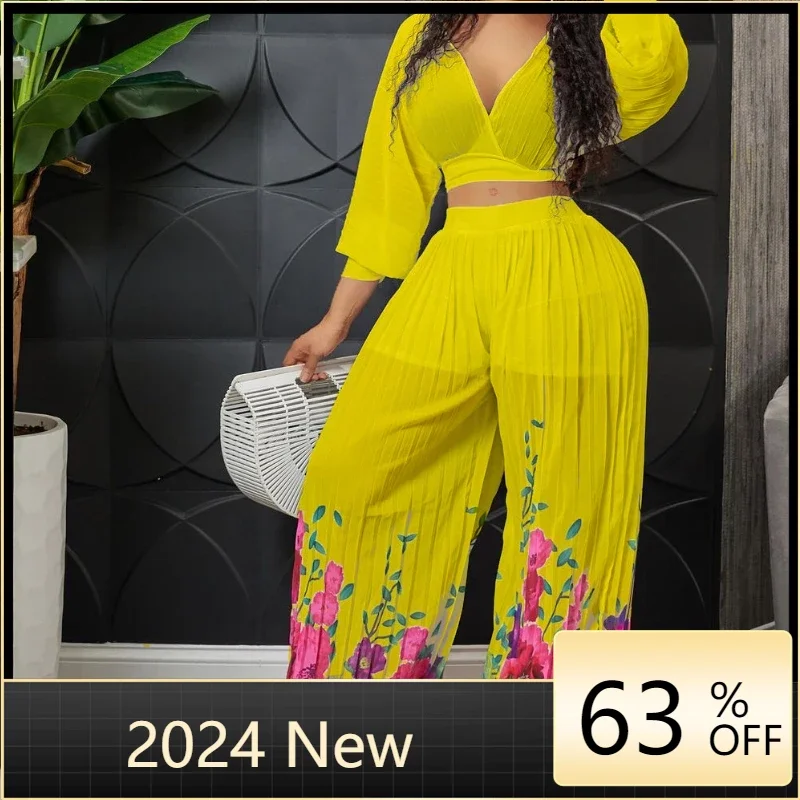 Sheer Mesh Patchwork Ruffle Sleeve Jumpsuit Wide Leg Pants Women Sexy Elegant OL Office Ladies Rompers