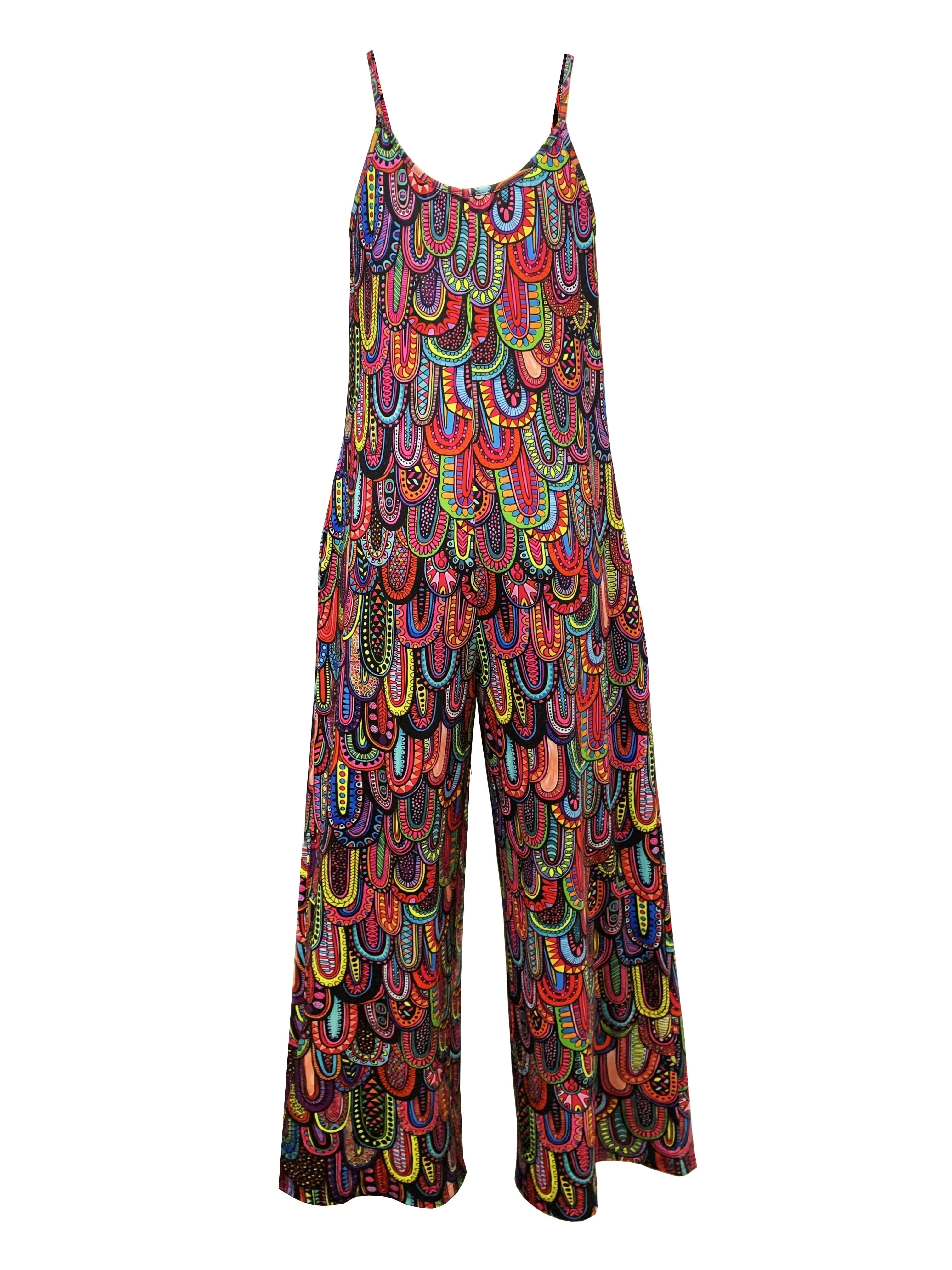 Graphic Print Wide Leg Jumpsuit  Boho Sleeveless Jumpsuit For Spring & Summer Womens Clothing