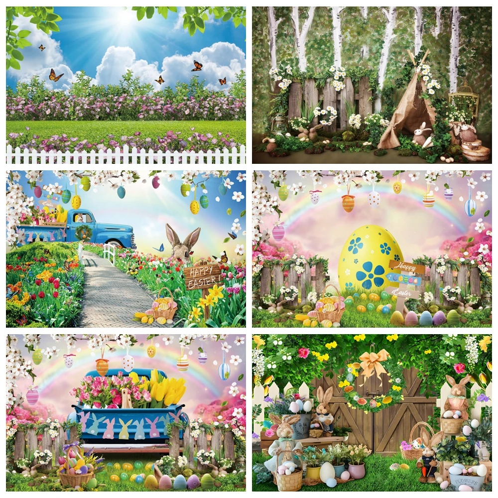 

Spring Easter Photography Backdrop Flower Floral Rabbit Bunny Eggs Grassland Baby Portrait Birthday Party Decor Photo Background