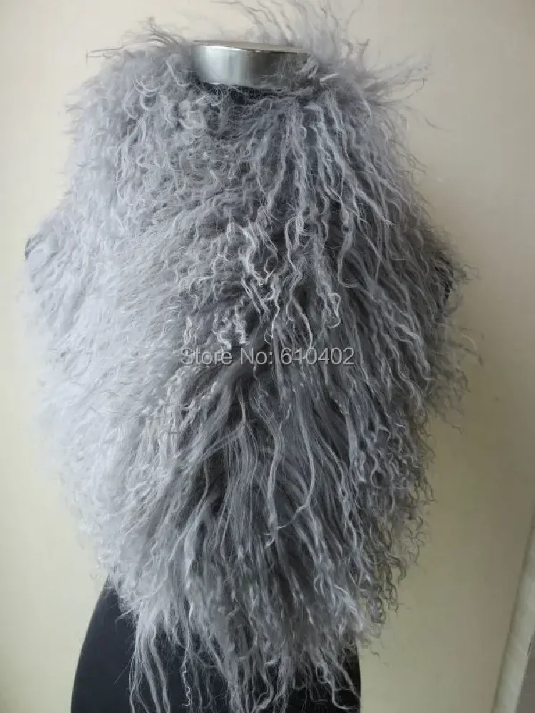 Women\'s 100% Real Mongolia Lamb Fur Cape whole-skin fur Scarf  with clip Gray