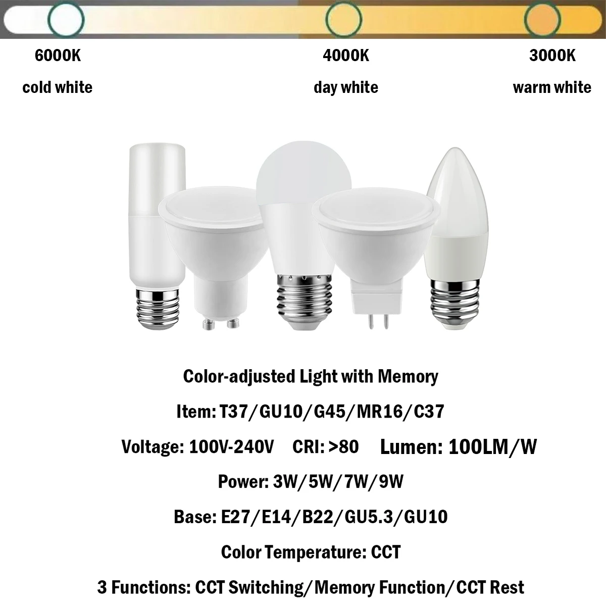 10 Stuks Nieuwe Led Smart Licht 3 Kleur Aangepast Met Geheugen 3-9W 100-240V Gu10/Mr16/C37/T37/G45 Geen Strobe 3 Functies Voor Thuiskantoor