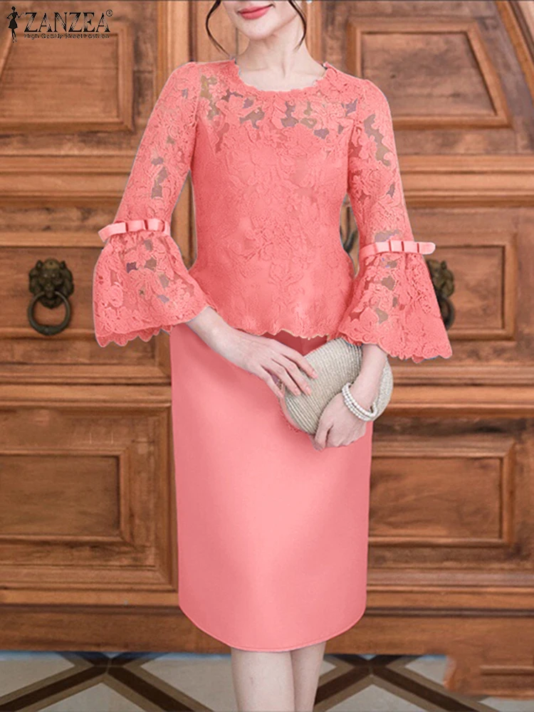 2025 Abiti estivi patchwork in pizzo ZANZEA Abito da festa elegante da donna Elegante manica a 3/4 scava fuori Abiti da lavoro in raso