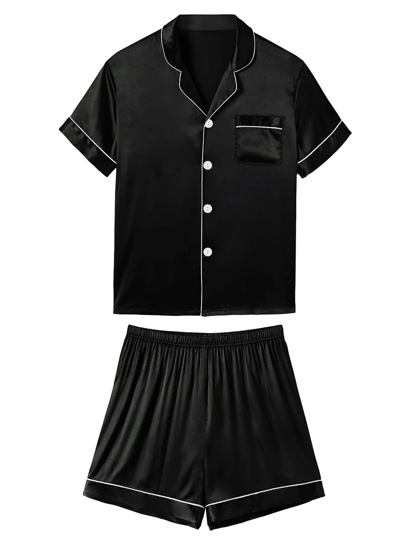 2-teiliges Pyjama-Set aus seidigem Satin für Herren, kurzärmeliges Hemd mit Revers, Brusttasche und Shorts, glatte Haptik, weiche Nachtwäsche, gemütliche Nachthemden – Detail 10