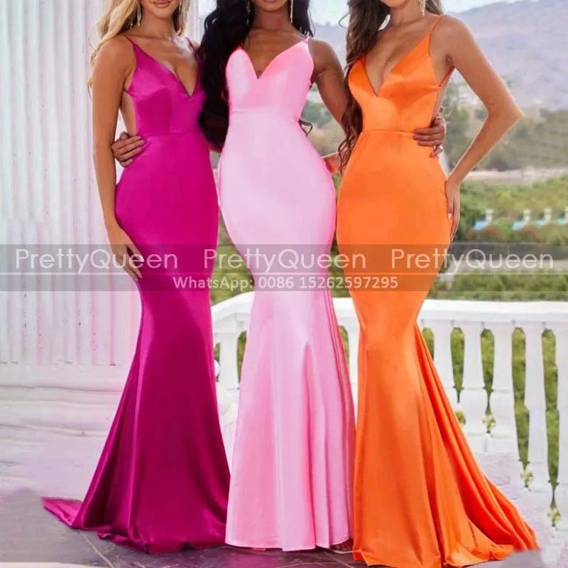 Sexy Mermaid Long Bridesmaid Dresses Spaghetti Plunging Neck Criss Cross Back Sleeveless Sheath Party Dress Maid Of Honor