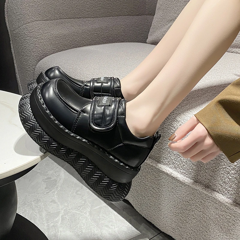 7cm Synthetic Leather Comfy Platform Wedge Pumps Chunky Sneaker High Brand Spring Autumn Casual Shoes British Style Chunky Shoes