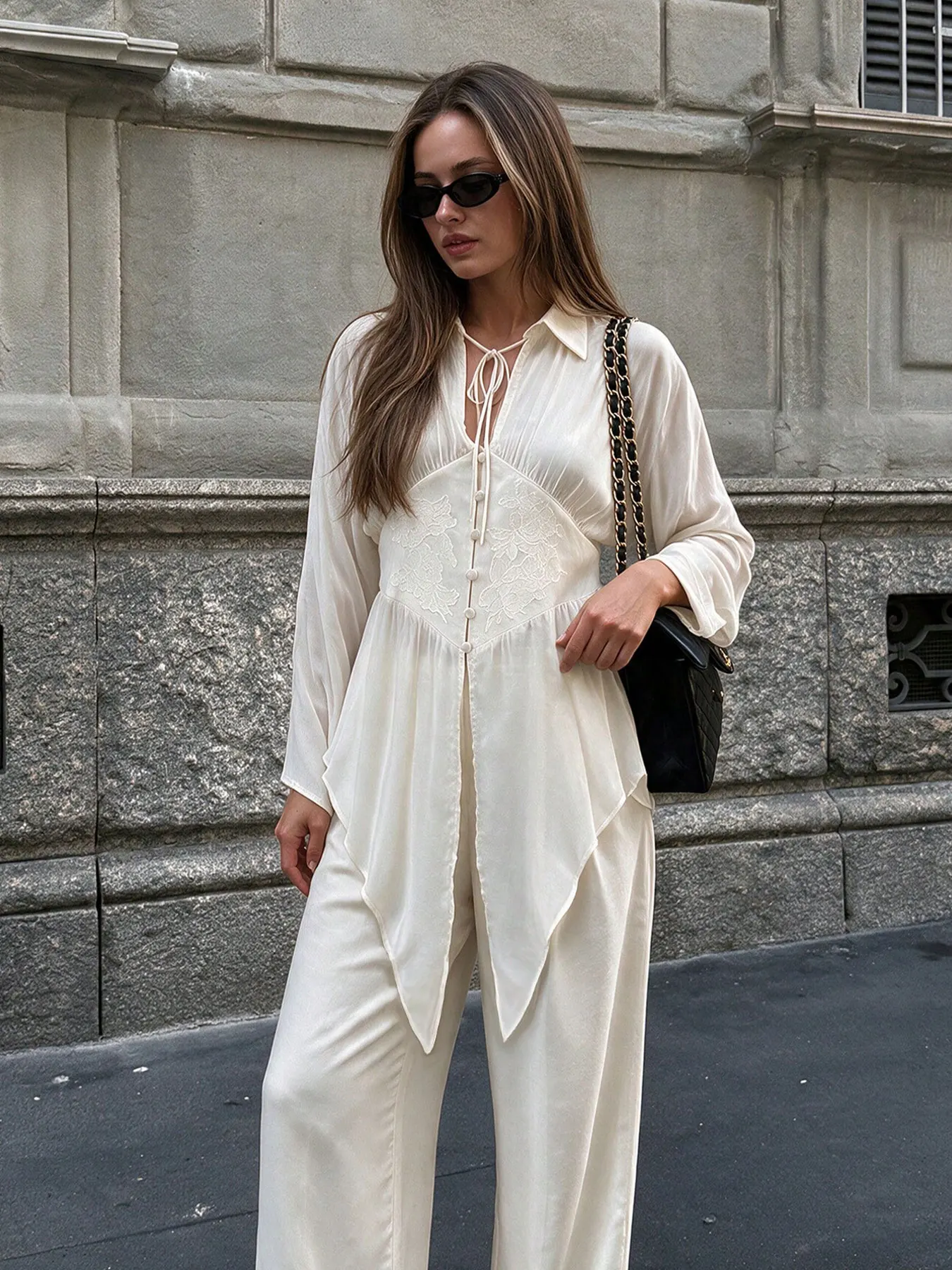 HH Womens Beige Crinkled Sheer Long Shirt Lapel Tie String Front Corset Panel Button Long Sleeve Flare Cuff Blouse Chic Tops