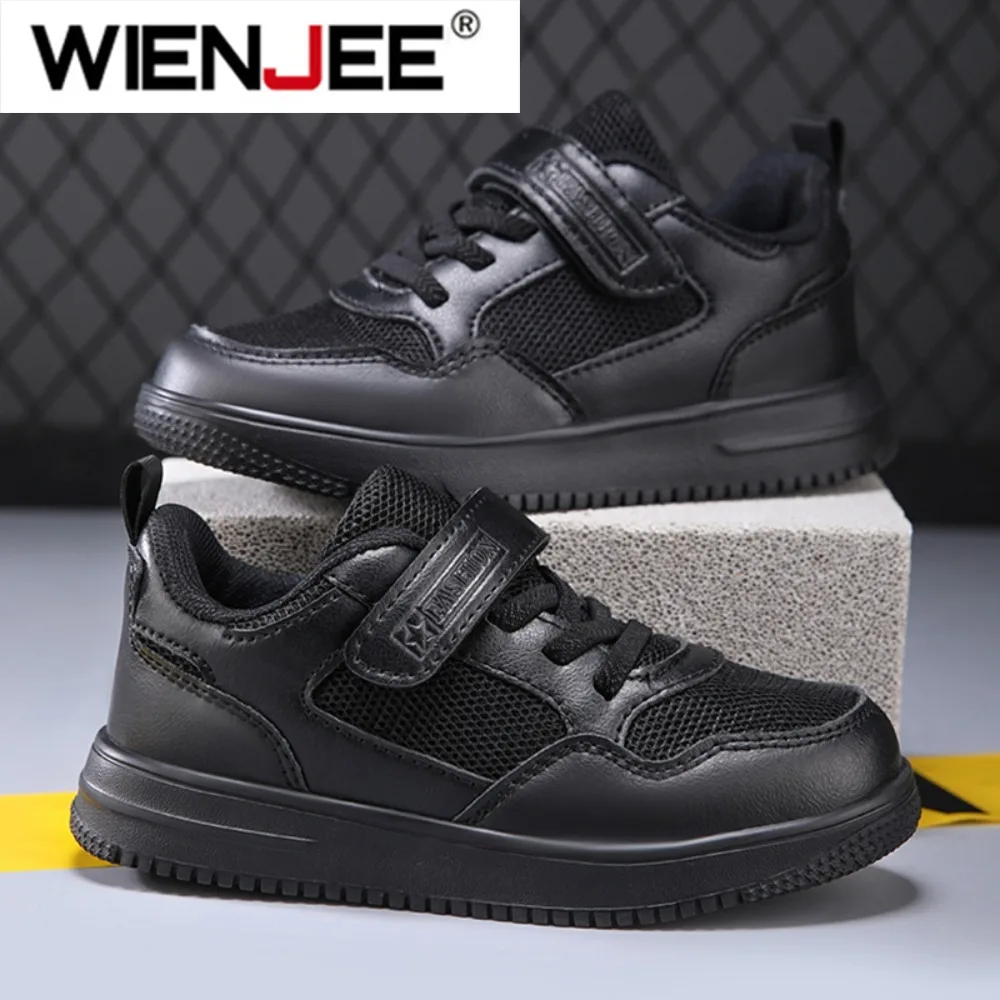 

Детская модная спортивная обувь, черные студенческие детские нескользящие прогулочные туфли на плоской подошве для мальчиков и девочек, легкие дышащие теннисные туфли