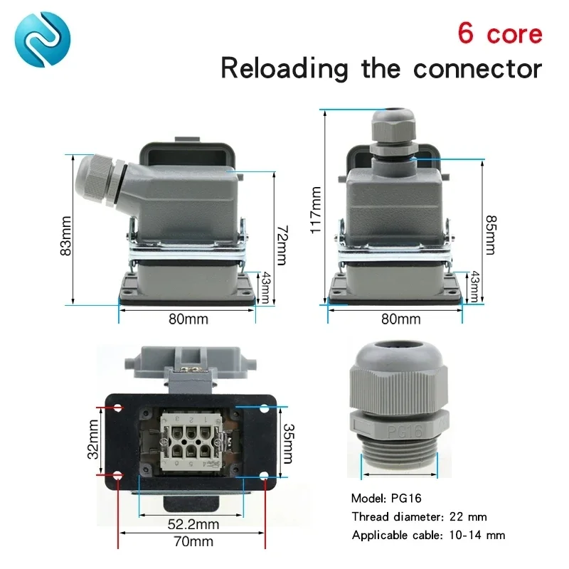 Rectangular Heavy Duty Connector HDC-HE Waterproof Aviation Industry  6/10/16/24 core pins Plug Socket with cover 16A 500V