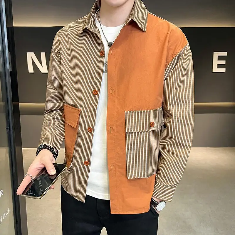 Spring Autumn New Turn-down Collar Long Sleeve Fashion Shirt Man High Street Casual Striped Printing Pockets Patchwork Cardigan