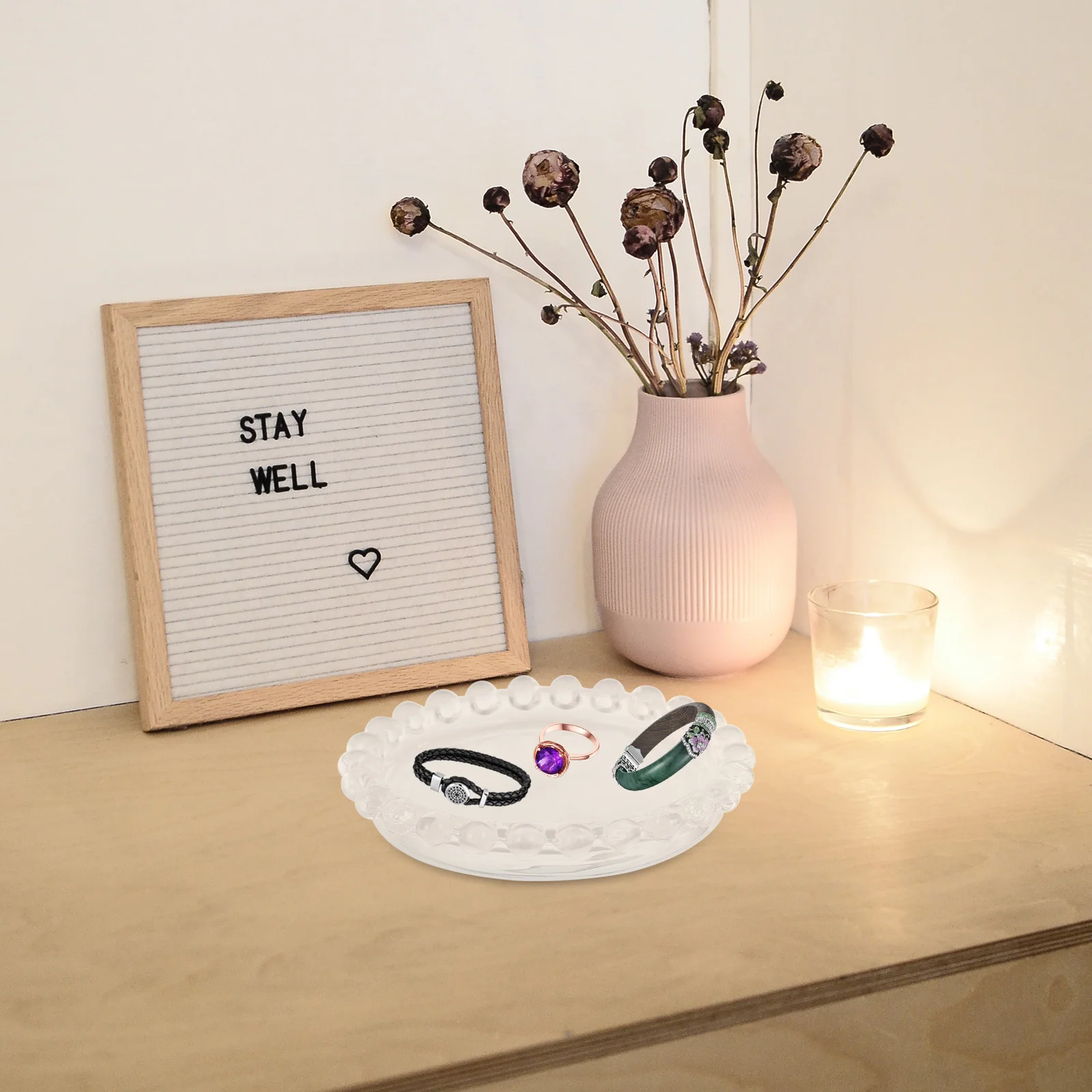 

5Pcs Clear Glass Holder Trays Round Jewelry Dish Pillar Stand Romantic Ambient Decorative Tray Ring Dish