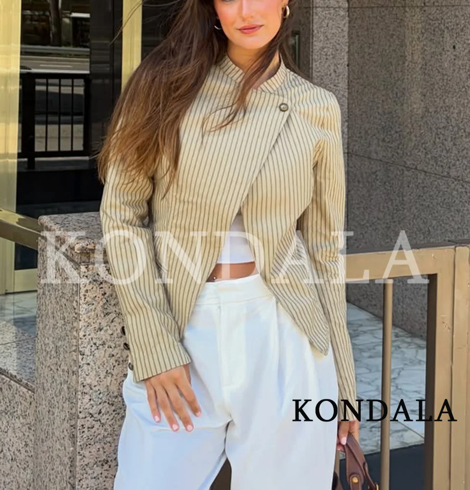 KONDALA Trendige High-Street Gestreifte Jacke für Damen Vintage Lässige Jacke mit Einzelkragen und Schnalle Neu 2026 Frühling Sommer Schlanke Jacke
