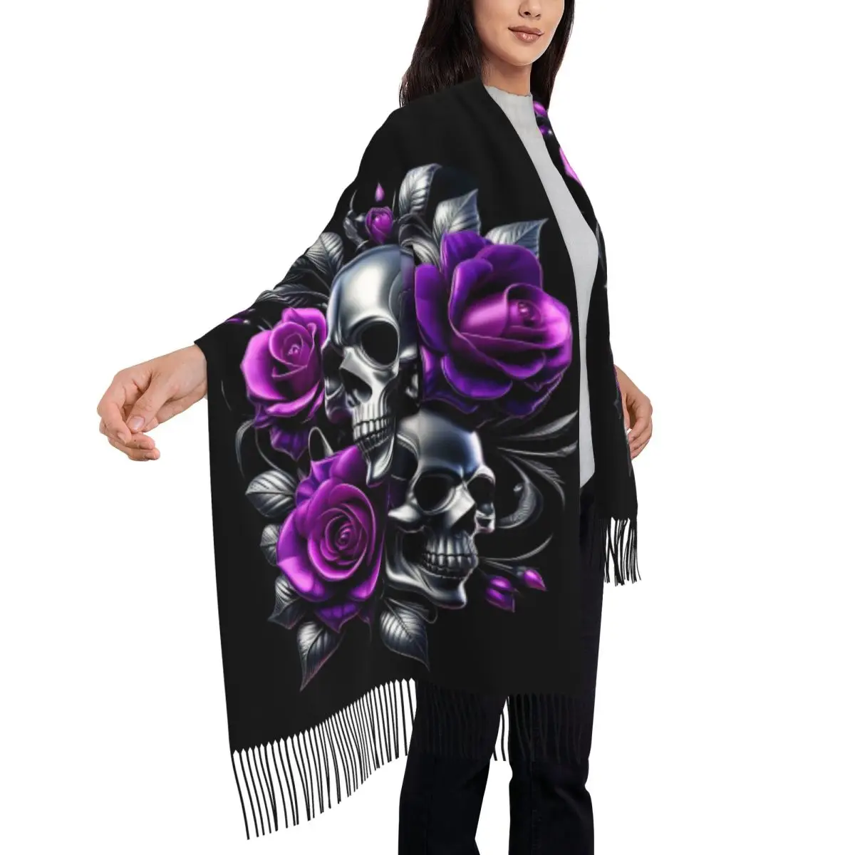 Custom Skull And Roses Tassel Scarf Women Soft Shawl Wrap Ladies Winter Fall Scarves