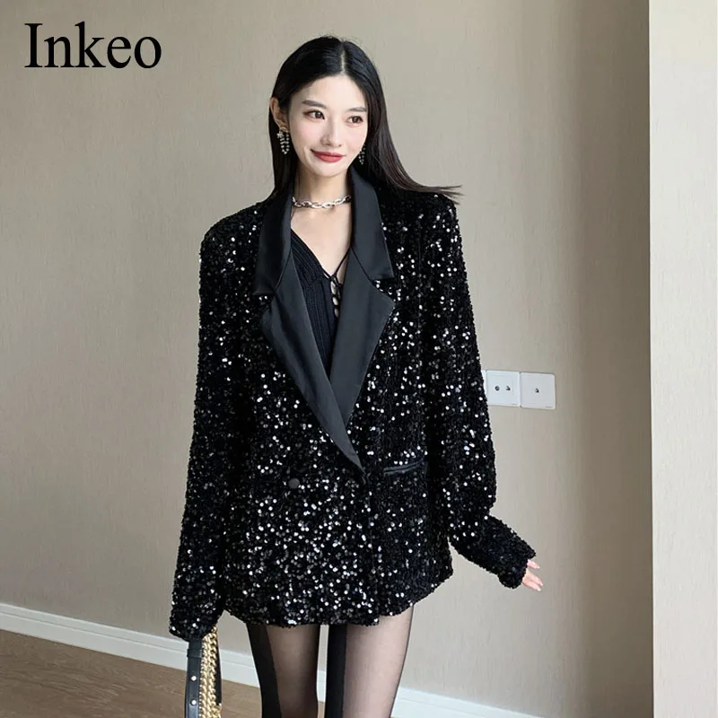 

High quality Women Sequins blazer Suit Newest Sexy Long sleeve Female jacket set Club Notched coat Spring Autumn INKEO 1O075