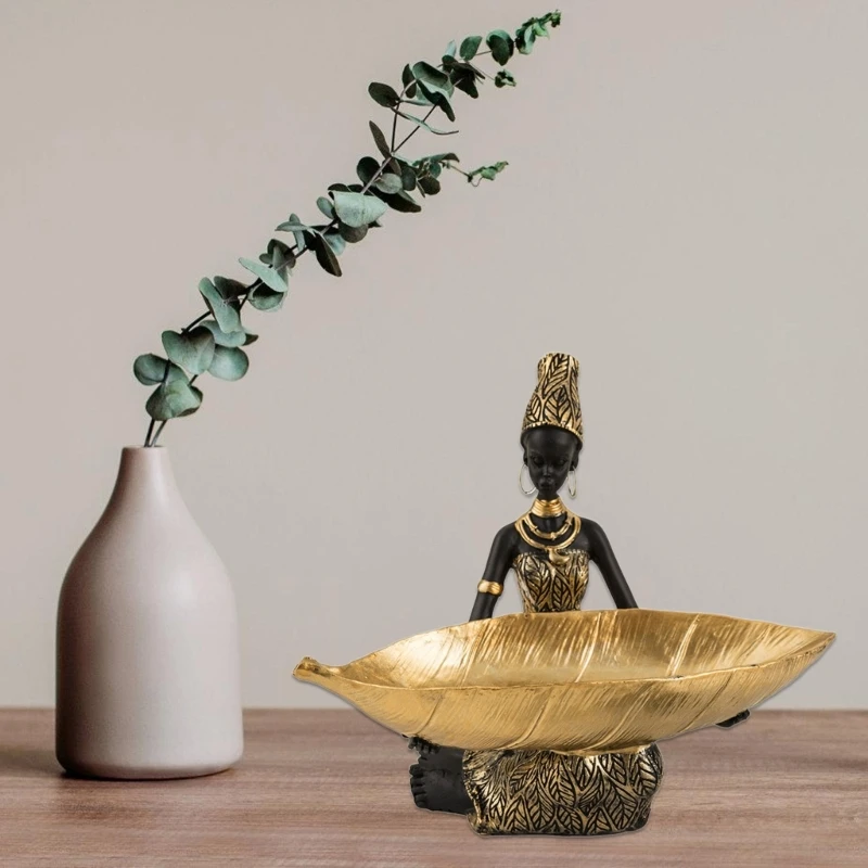 African Girl Exotic Figurine Resins Sculpture Storage Tray Traditional African Lady Statue Shelf for Living Room Dropshipping