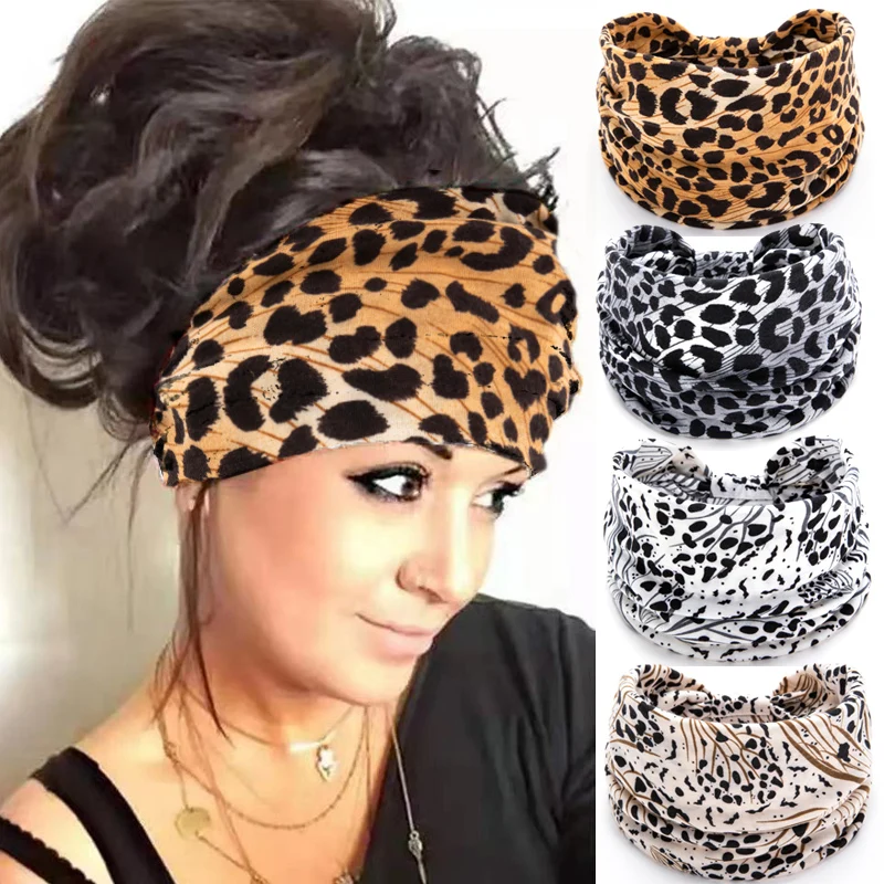 

Wide Headbands Women Knotted Turban Hair Band Elastic Non Slip Hairbands Floral Workout Headwraps Leopard Yoga Sweatbands