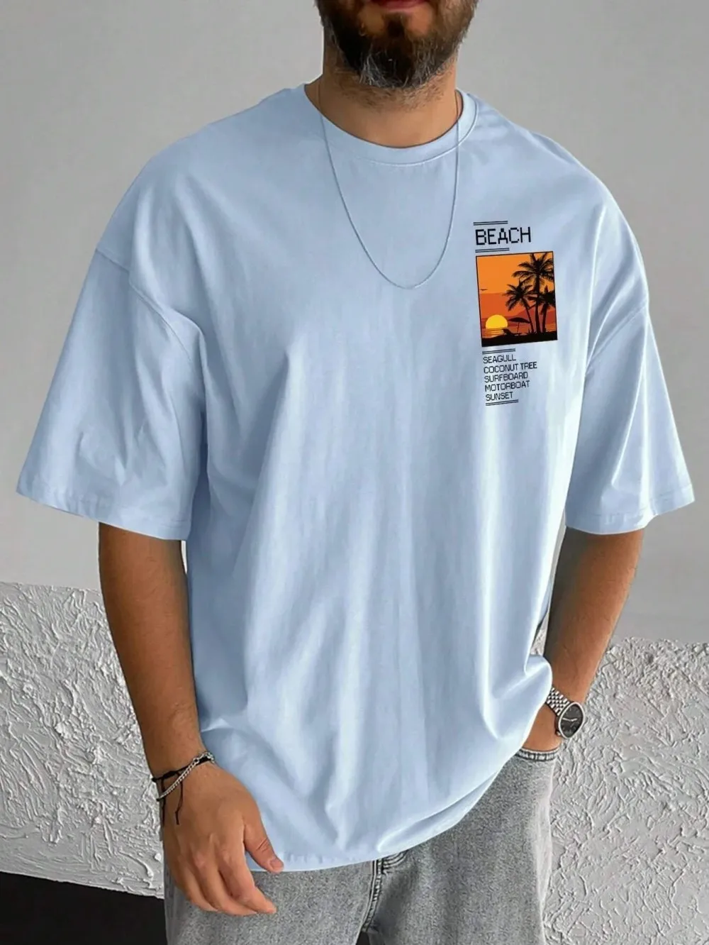 Summer Men's New Minimalist Seaside Sunset Letter Print micro Elastic Breathable Round Neck T-Shirt Outdoor Urban Casual Top