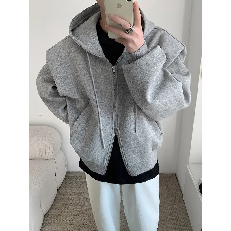 

Spring 2025 Men's Oversized Double Layer oulder Pad Sweatirt Jaet Trendy Casual Long Sve Zipper Closure Hooded Coat