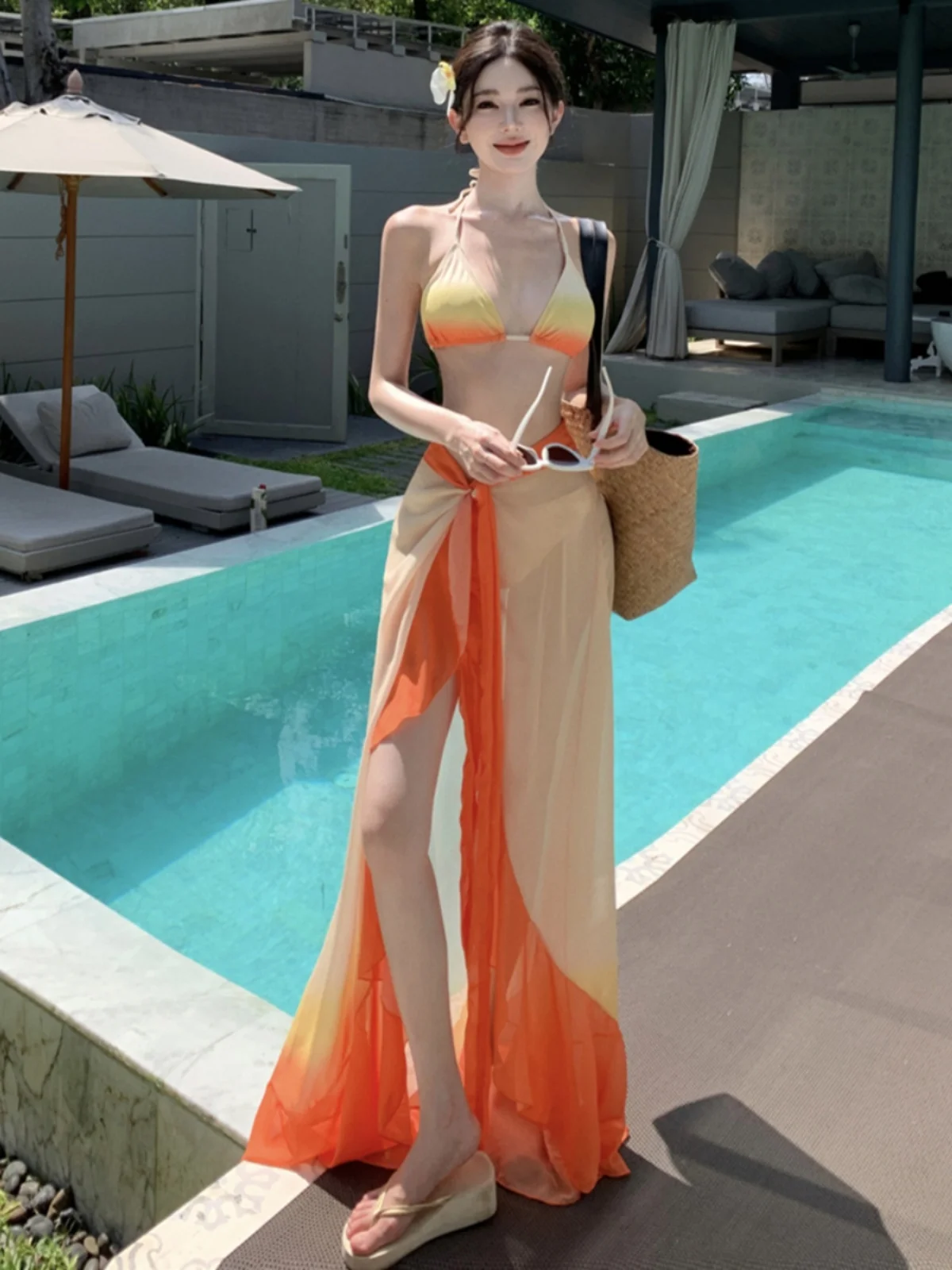 

Beach Vaion adient Color antung Long Dr Sexy Bikini Tee-piece Set Hot Spring Bathing Suit Floor-length Skirt