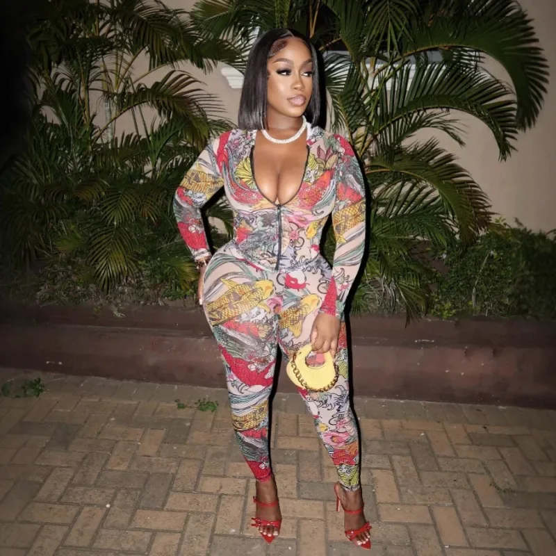 

Женский спортивный костюм с цветочным принтом, прозрачная сетка, комплект из 2 предметов, толстовки с капюшоном на молнии и длинными рукавами, топ + брюки-карандаш, клубный костюм