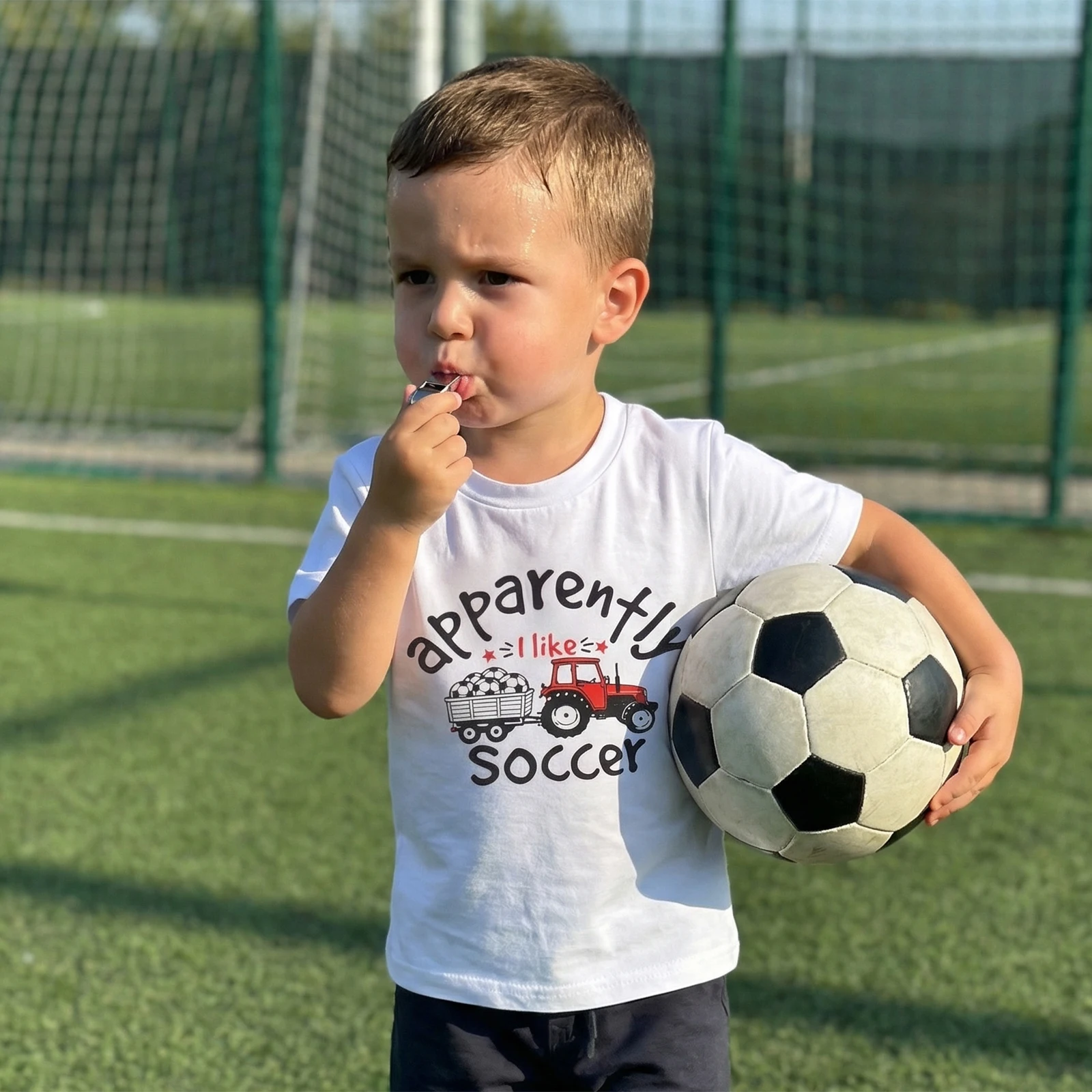 Kids Baby Boys Summer Casual T-shirts Fashionable Letter Soccer Tractor Print Crew Neck Short Sleeve Tee Tops