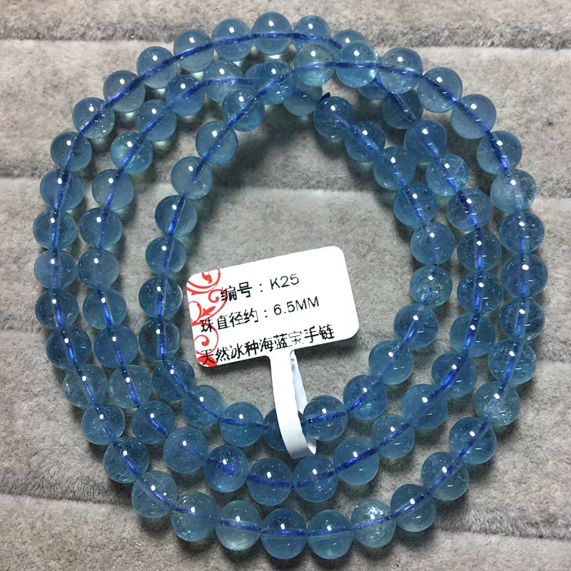 

Natural Blue Aquamarine 3 Laps Clear Round Beads Bracelet 6mm Women Men Brazil Stretch Blue Aquamarine Jewelry AAAAAA