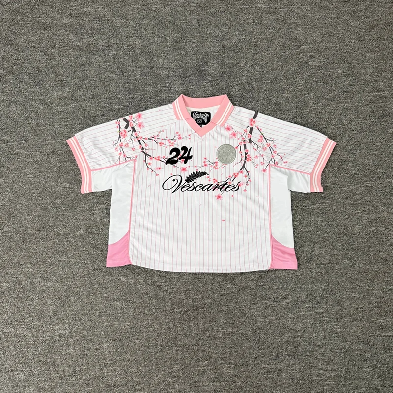 Vescartes Men Simple Contrast Pink Rib V Neck Soccer Jersey Cherry Blossom Graphic Oversized Basic Tee