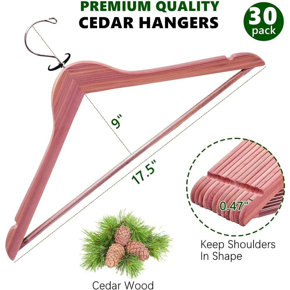 30 Pack American Red Cedar Hangers, Smooth Finish Wood Coat Hangers with Swivel Hook & Notches for Suit, Shirt, Dress, Jacket