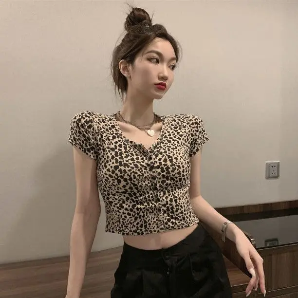 Women's New High Waist Navel-exposed Design Leopard Print Short-sleeved T-shirt Half-sleeved Top