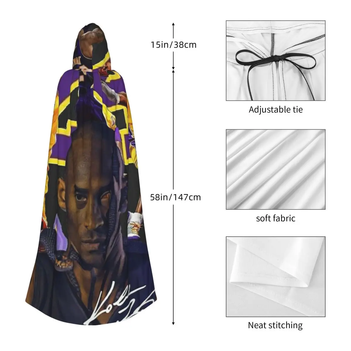 Basketball Kobe Bryant Long Hooded Cloak Witch Medieval Costume Cosplay Cape HalloweenVampire Adult Unisex - view 3