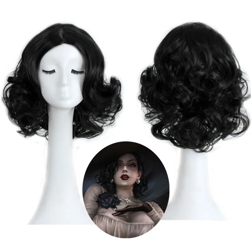 

Новый парик для косплея Леди Альцины Димитреску из Evil Village, короткий черный кудрявый головной убор для Хэллоуина