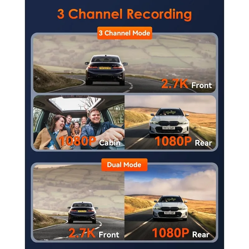 E3 3 Channel 2.7K WiFi Dash Cam with GPS, Voice Control, Starvis IR Night Vision, 24 Hour Buffered Parking Mode,