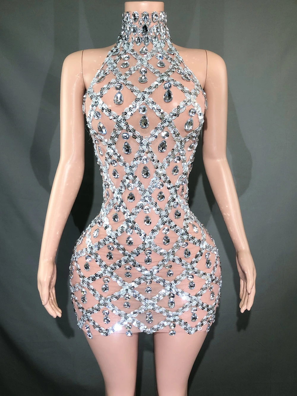 Sparkly Strass Korte Jurk voor Vrouwen Sexy Mesh Transparant Vieren Avond Prom Evenement Verjaardag Jurk Fotoshoot Wear
