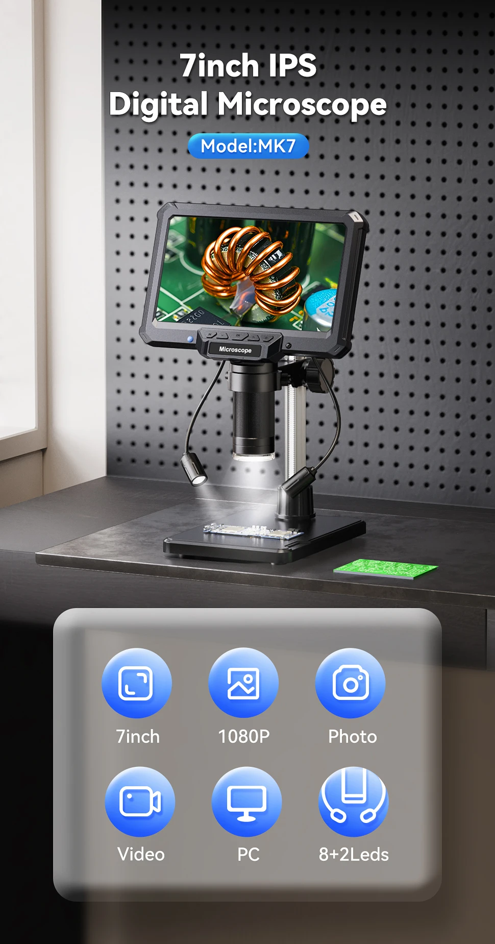Hayve 7" IPS Digitalmikroskop 1200X Vergrößerung 16MP USB Professionelle Elektronenmikroskopien für Telefonlöten Reparaturwerkzeug – Detail 1