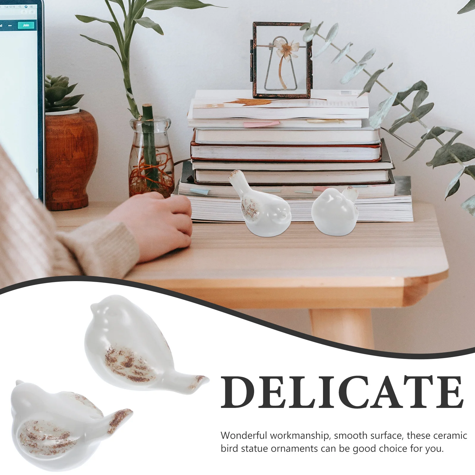 

2Pcs Ceramic Bird Statue White Smooth Surface Farmhouse Style Decorative Bird Sculpture for Home Office Table Decoration
