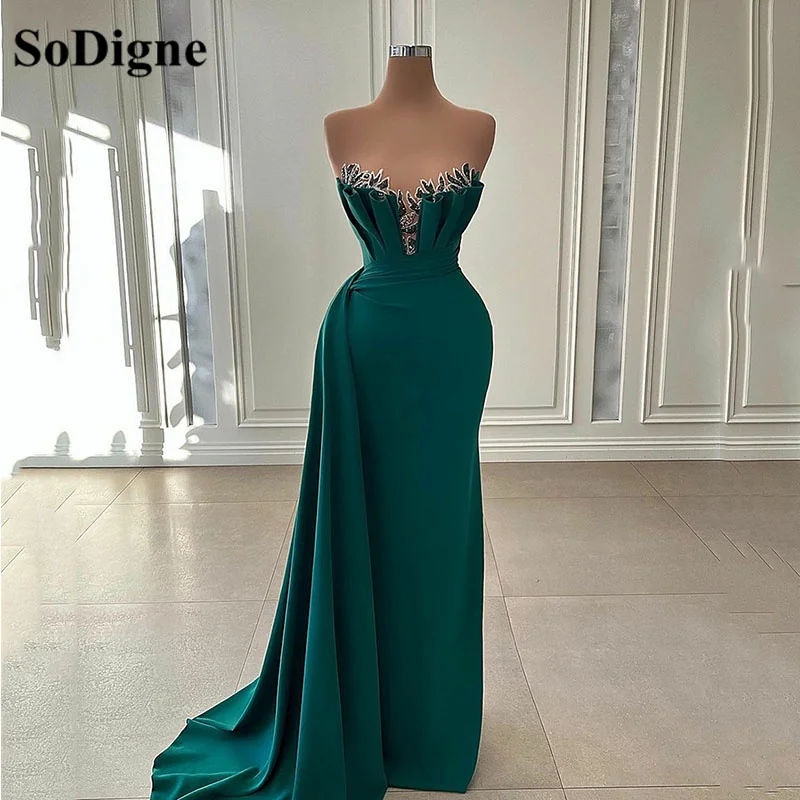 

SoDigne Vintage Beadings Women Prom Dresses Pleat Stain Green Mermaid Evening Gowns Party Event Dress Robes De Soirée