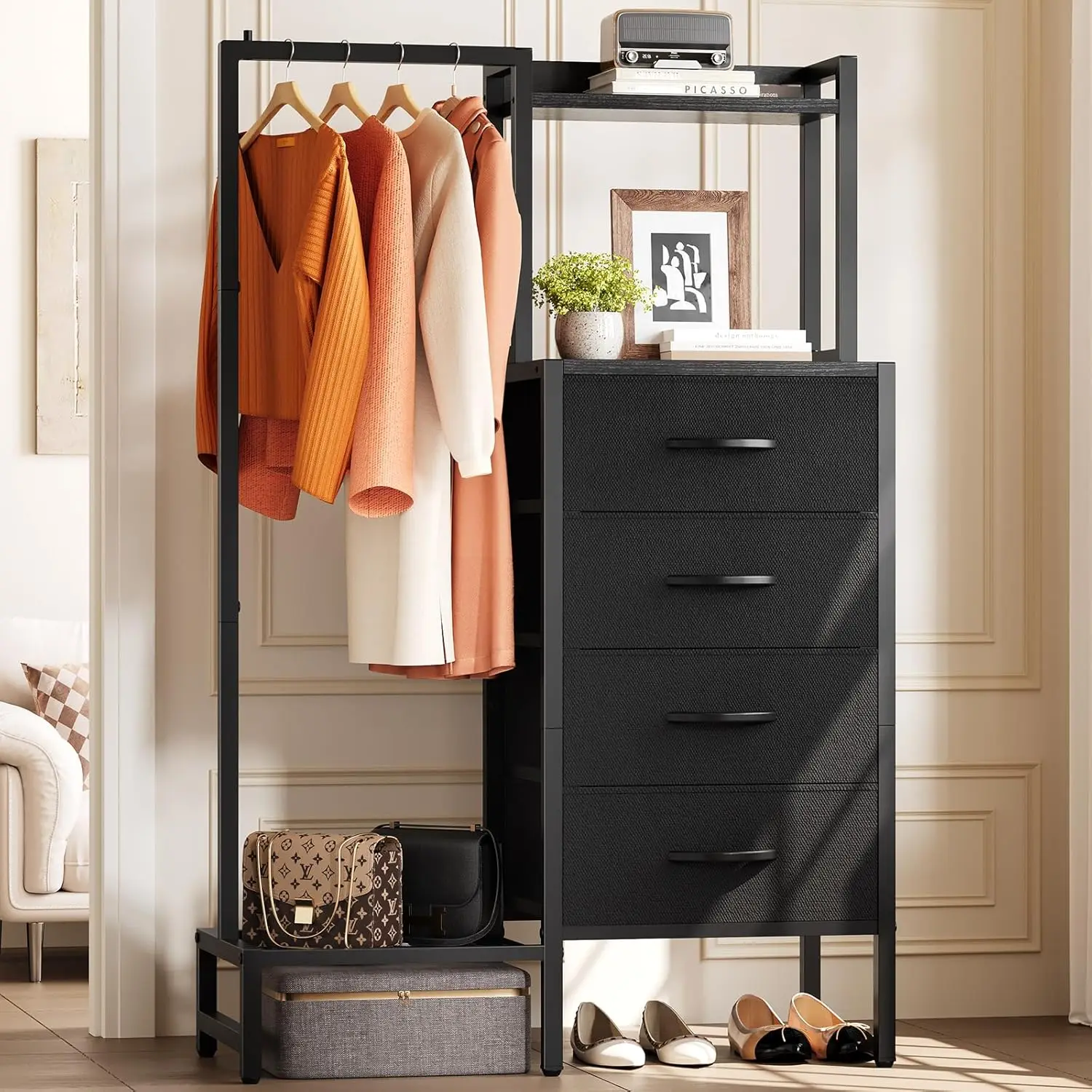 

Black Dresser with Hanging Rack - Small Closet with 4 Fabric Storage Drawers, 44" H Dresser with Clothes Rack, Chest of Drawe