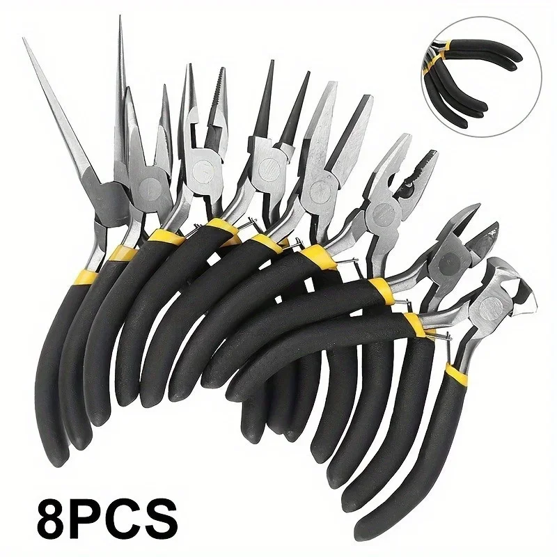 8Pcs Mini Pliers Set Long Nose with Teeth Flat Jaw Round Curved Needle Diagonal Nose Wire End Cutting Cutter Tools