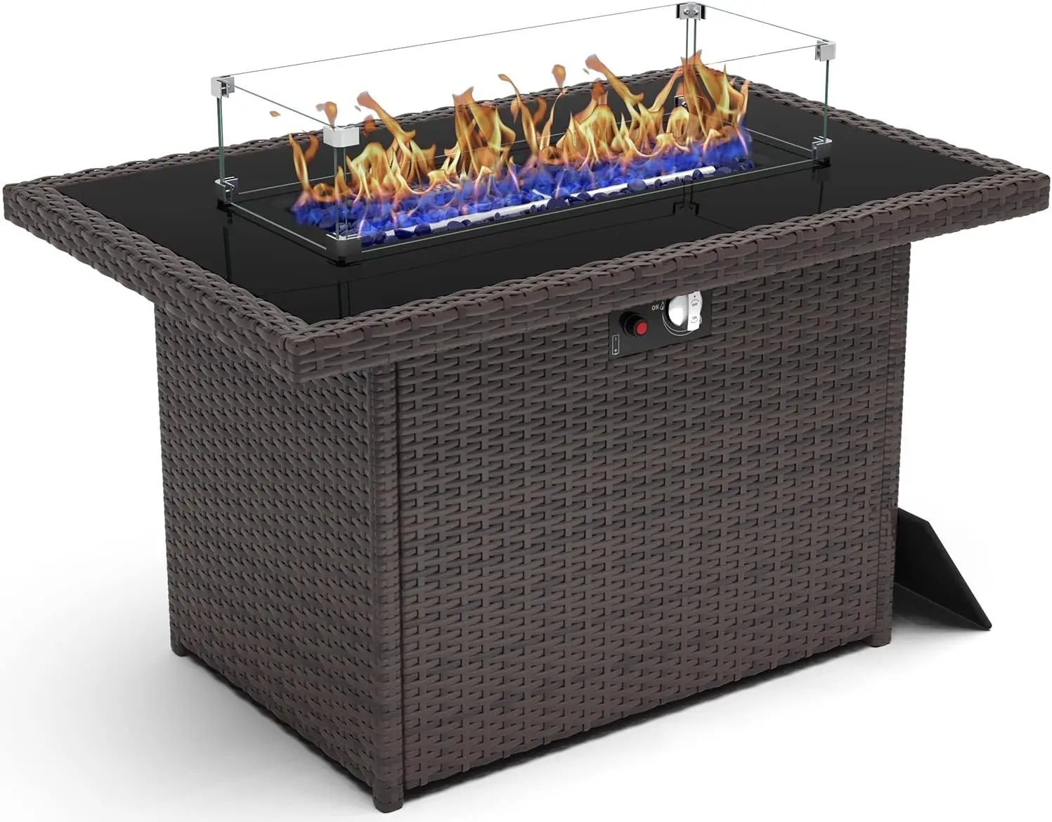 44 Inch Propane Gas Fire Pits Table for Outside Patio 60000 BTU Rectangular Outdoor Wicker Rattan Fire Pit with Glass Wind Guard