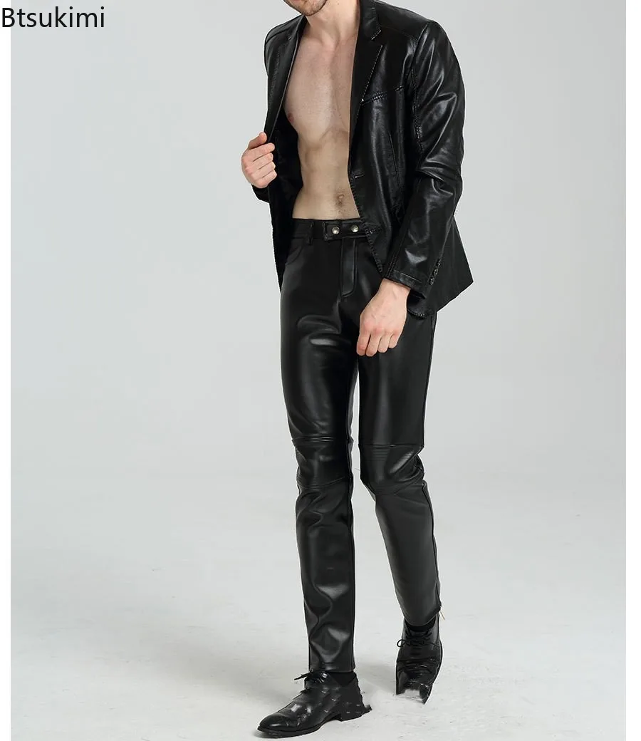 2026 الرجال بولي بنطال بنطال جلدي موضة سليم بنطال جلدي ربيع الخريف مرونة دراجة نارية السراويل مقاوم للماء النفط واقية الذكور السراويل
