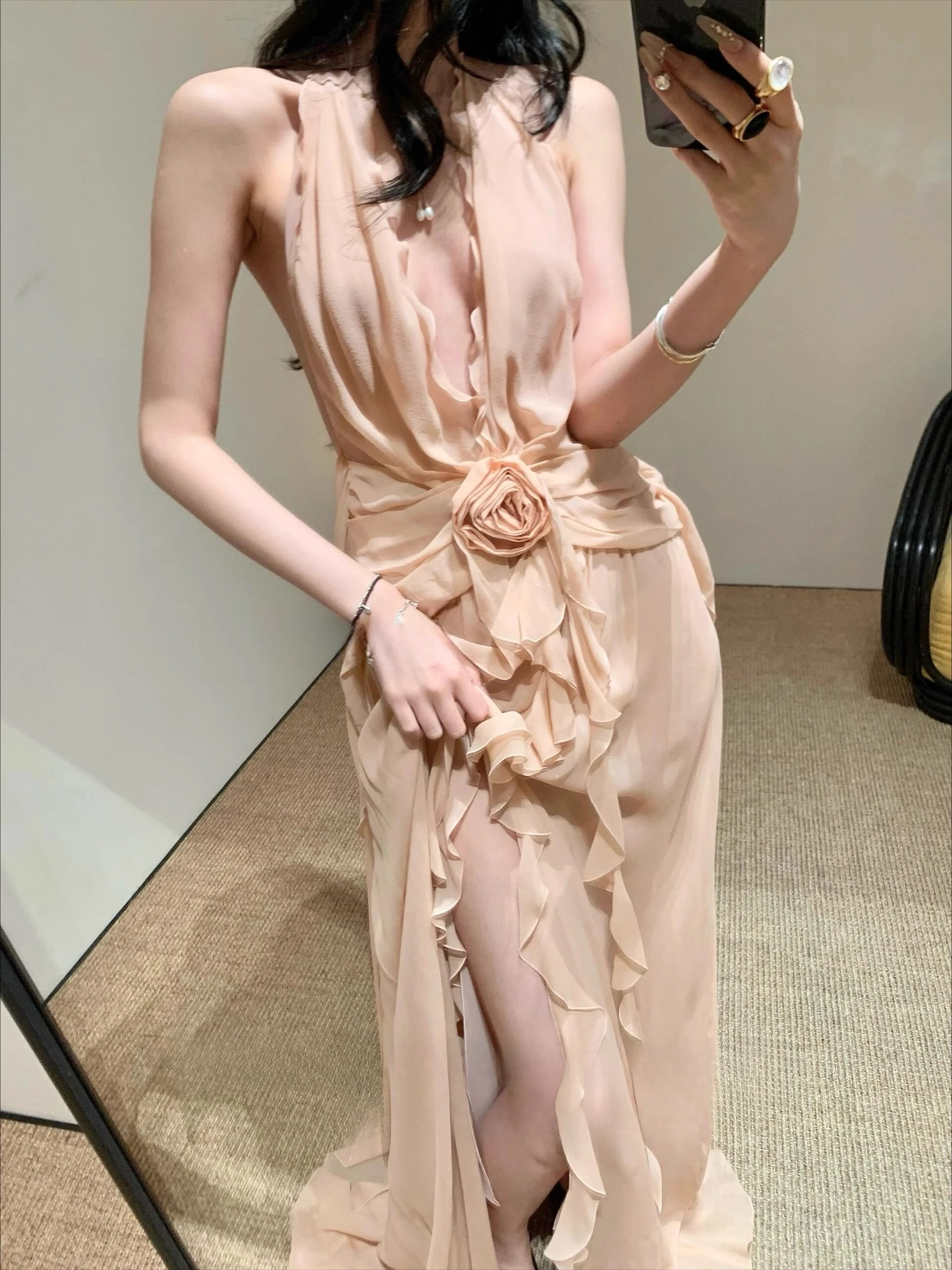 Rosa plissado profundo v vestido feminino elegante verão férias festa sem mangas chiffion roupas senhora streetwear chique vestidos bodycon