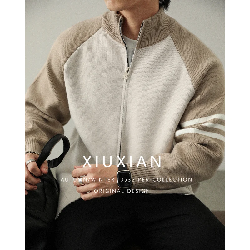 

2025 Autumn And Winter New Men's Contrasting Style With Shoulder Sleeves Knitted Cardigan Jacket, Quality Fabric Sweater Jacket